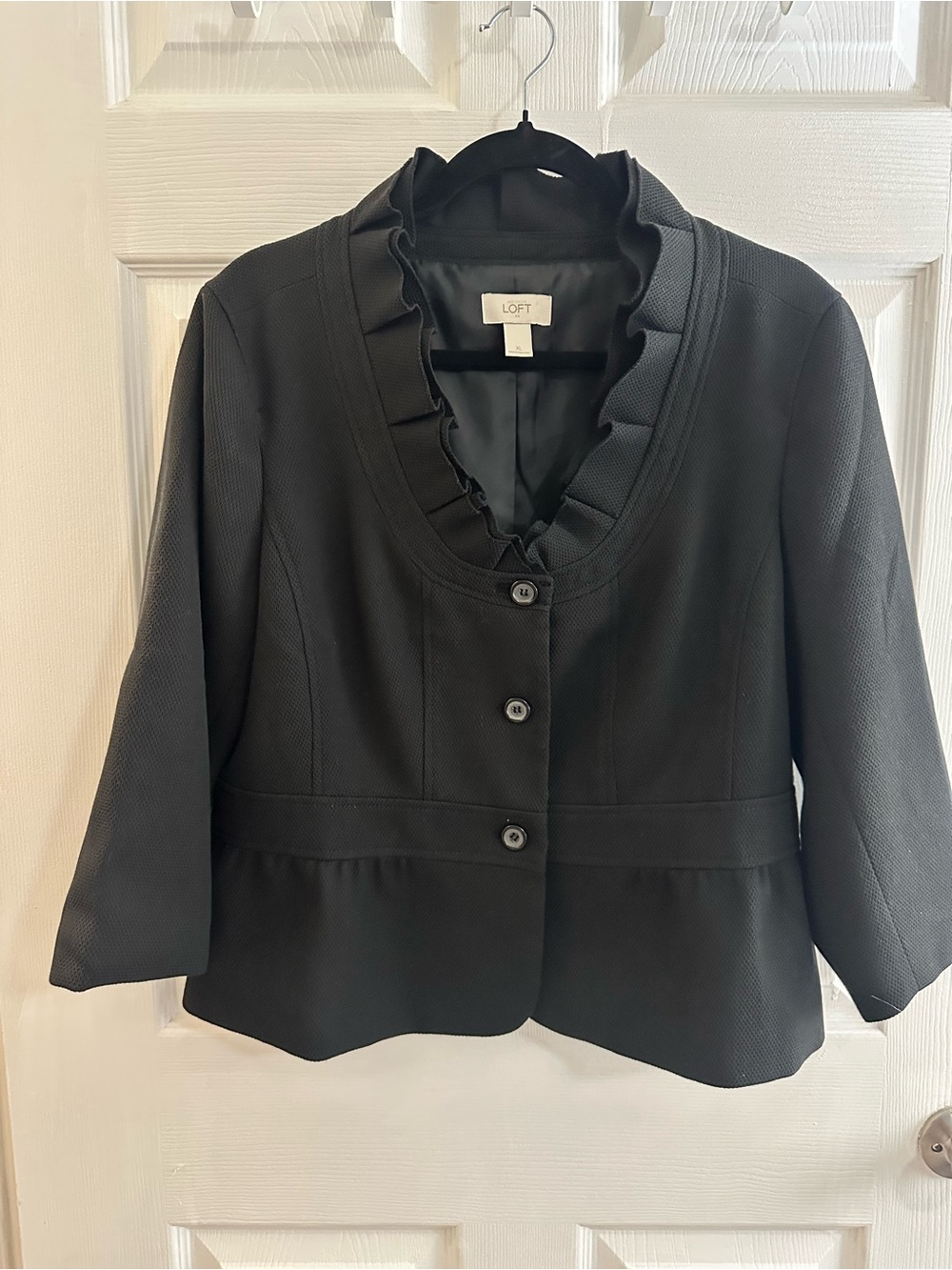Business Casual LOFT Black Ruffle-Trim Three-Button Jacket